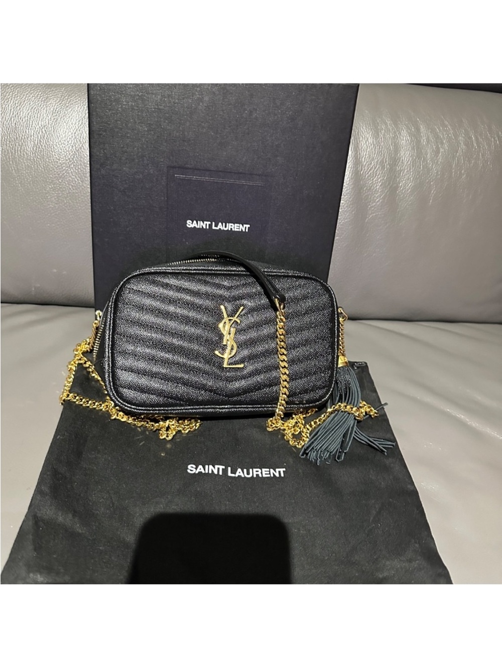 Saint Laurent Black Quilted Leather Crossbody Camera Bag with Gold Hardware